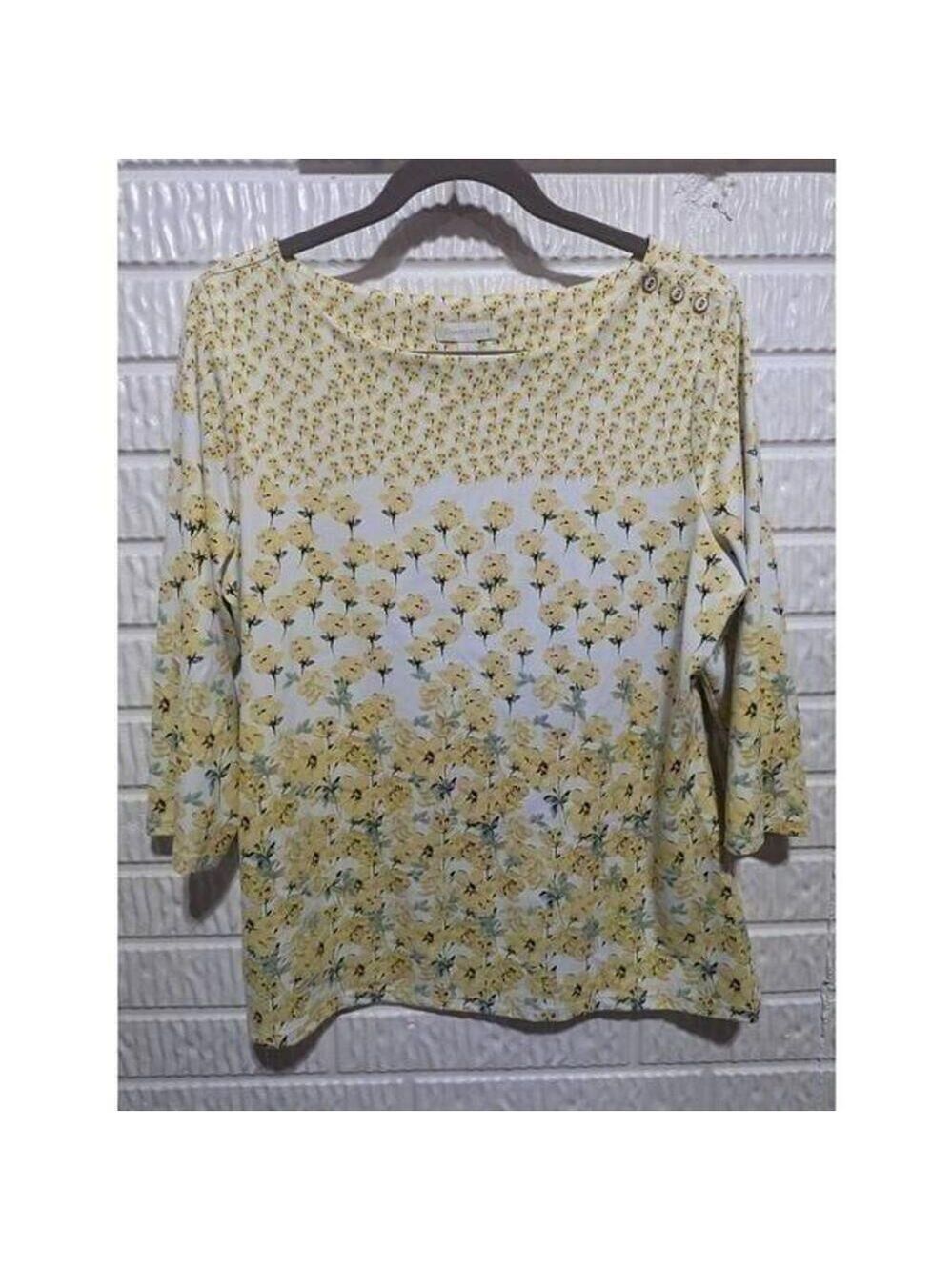 Charter Club Women's Yellow 3/4 Sleeve Smooth Nylon Spandex Floral Top Large